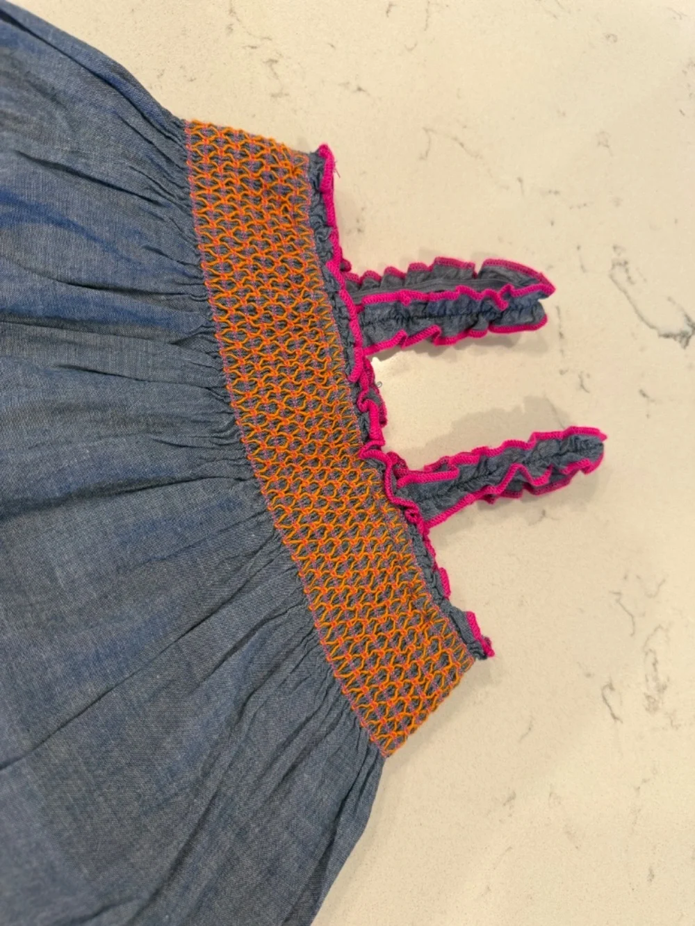 Girls Chambray Button-Front Skirted Bottom with Pink and Orange Smocked Waist